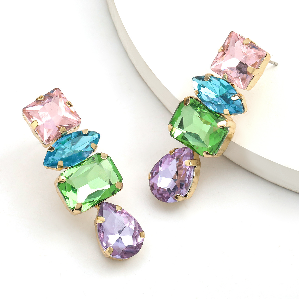 Wholesale Colorful geometric block diamond studded earrings