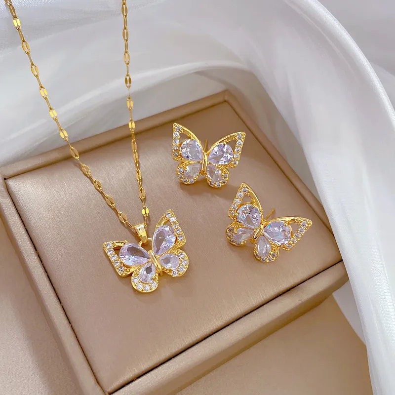 Wholesale 18K Gold Golden Plated 304 Stainless Steel Electroplating Zircon Butterfly Lip Chain Earrings Necklace