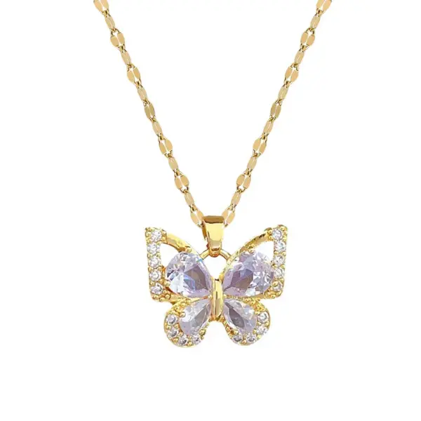 18K Gold Golden Plated 304 Stainless Steel Electroplating Zircon Butterfly Lip Chain Earrings Necklace