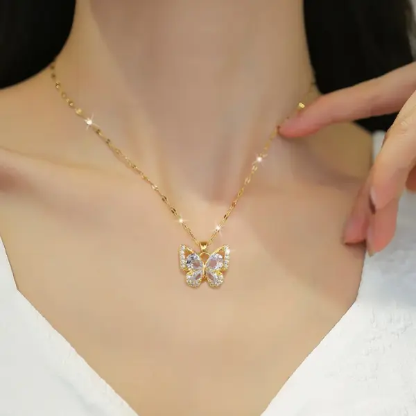 18K Gold Golden Plated 304 Stainless Steel Electroplating Zircon Butterfly Lip Chain Earrings Necklace
