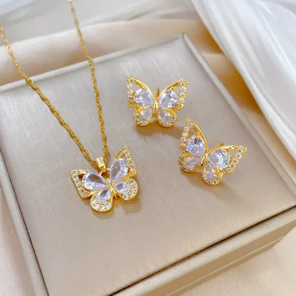 18K Gold Golden Plated 304 Stainless Steel Electroplating Zircon Butterfly Lip Chain Earrings Necklace