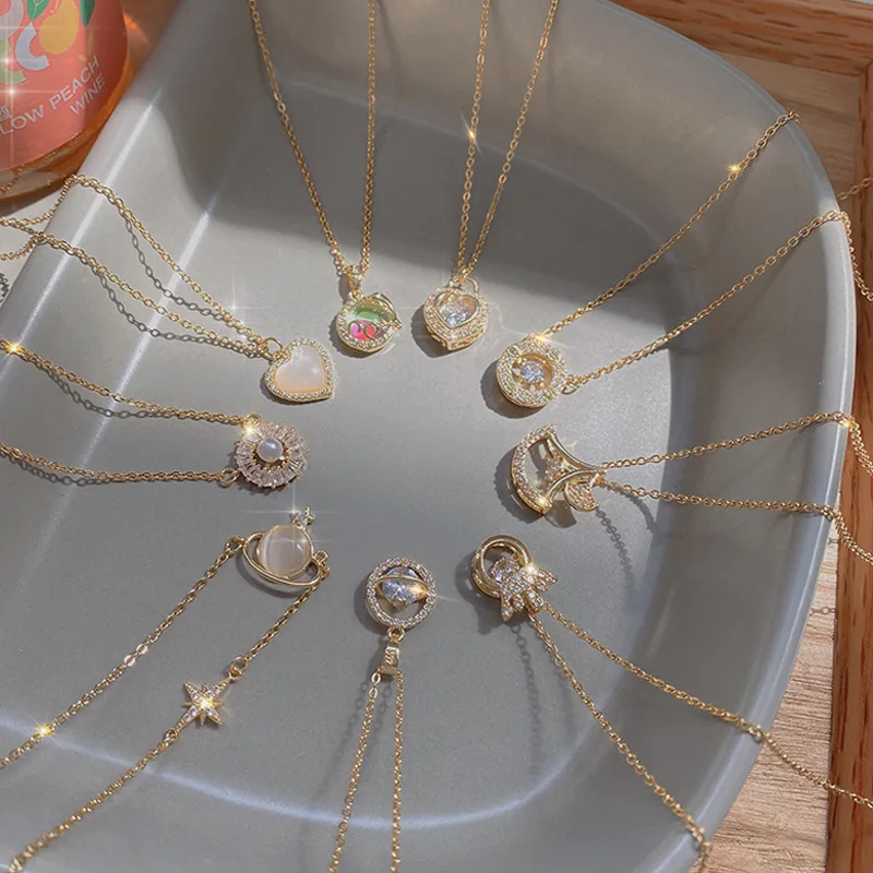 Wholesale 304 Stainless Steel Zircon Geometric Heart Shape Plating Cable Chain Copper Pendant Necklace