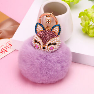 Wholesale Creative Water Diamond Fox Head Hairball Keychain