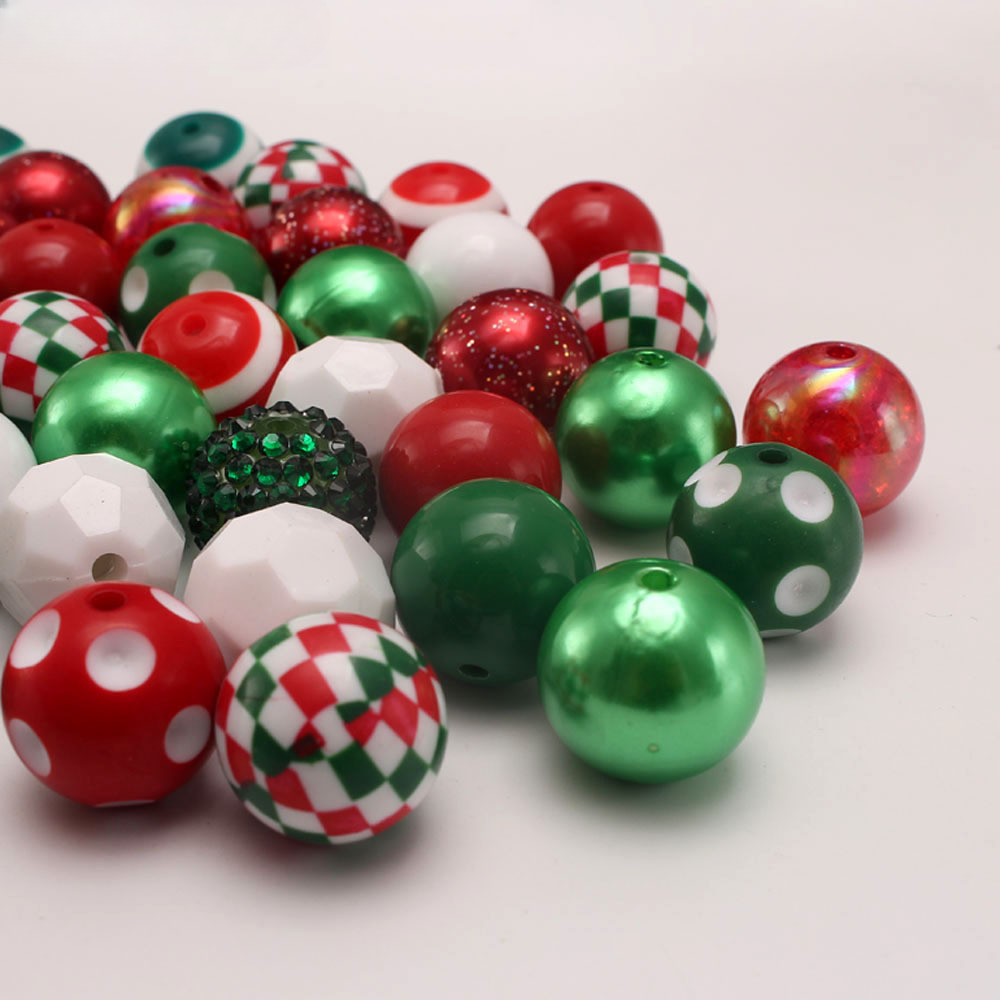 Wholesale Red and Green Diamond Print Christmas 20MM Acrylic Beads DIY Mixed Color Mixed Style Beaded Loose Beads Combination