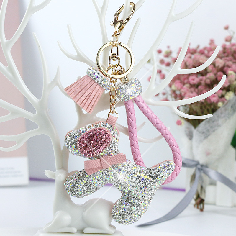 Wholesale Pink diamond studded cartoon cute dog keychain