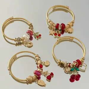 Adjustable Stainless Steel Beaded Bracelet With Strawberry And Cherry Pendants, Cute And Simple Style, Suitable For Daily Wear And Dates