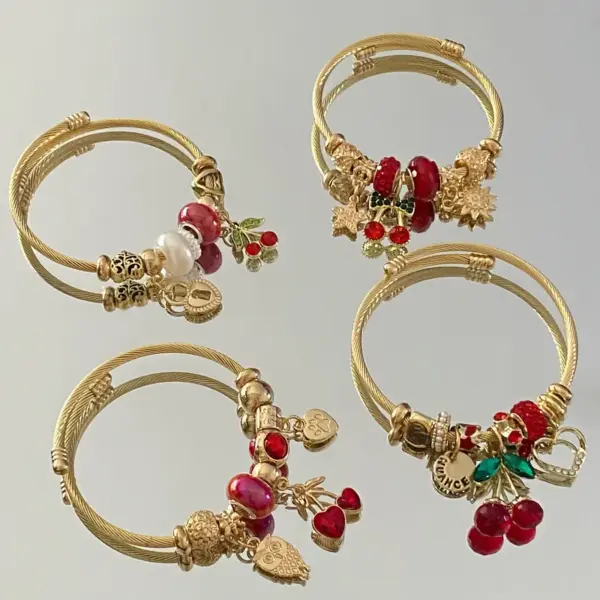 Adjustable Stainless Steel Beaded Bracelet With Strawberry And Cherry Pendants, Cute And Simple Style, Suitable For Daily Wear And Dates