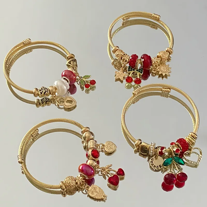 Wholesale Adjustable Stainless Steel Beaded Bracelet With Strawberry And Cherry Pendants, Cute And Simple Style, Suitable For Daily Wear And Dates