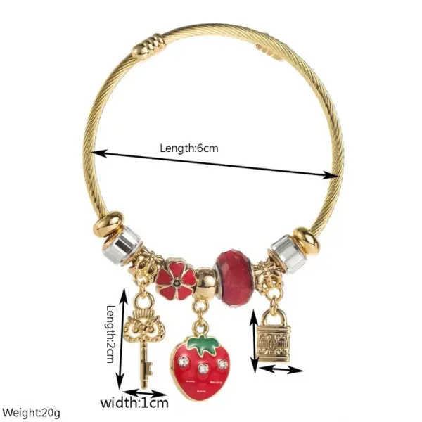 Adjustable Stainless Steel Beaded Bracelet With Strawberry And Cherry Pendants, Cute And Simple Style, Suitable For Daily Wear And Dates