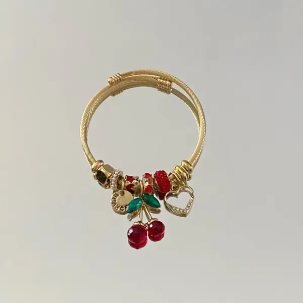 Adjustable Stainless Steel Beaded Bracelet With Strawberry And Cherry Pendants, Cute And Simple Style, Suitable For Daily Wear And Dates