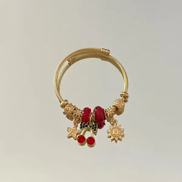Adjustable Stainless Steel Beaded Bracelet With Strawberry And Cherry Pendants, Cute And Simple Style, Suitable For Daily Wear And Dates