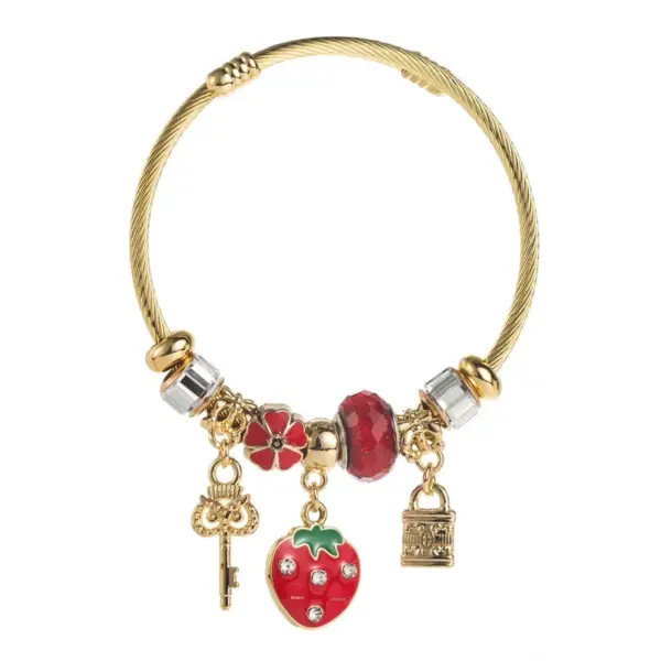 Adjustable Stainless Steel Beaded Bracelet With Strawberry And Cherry Pendants, Cute And Simple Style, Suitable For Daily Wear And Dates
