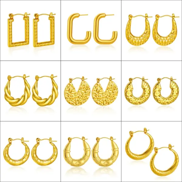 Elegant 304 Stainless Steel Earrings Women's Fashionable Vintage High-End Feelings Geometric Pattern Hoop Earrings Luxury Style