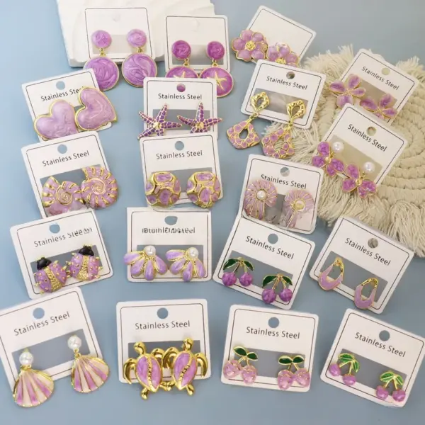 Fashionable French Purple Drip Oil Heart Shell Star Female Sea Snail Stainless Steel Jewelry Earrings Geometric Pattern Simple Style