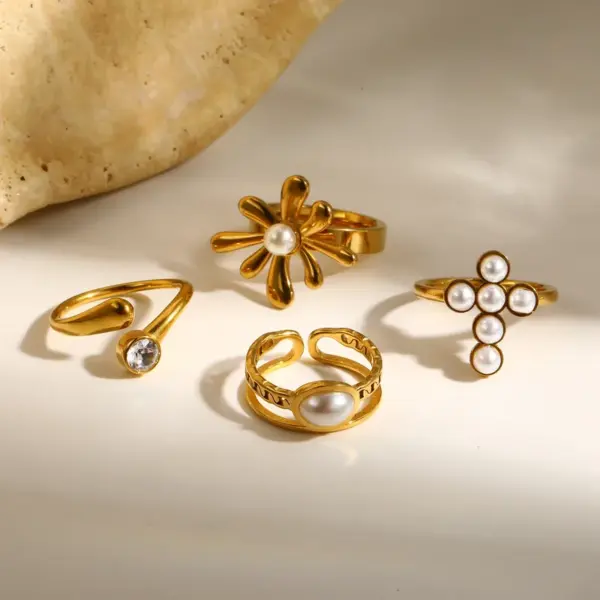 Geometric Electroplated Rings For Women In 304 Stainless Steel With 18K Real Gold Water Plating And Pearl Inlay
