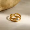Geometric Electroplated Rings For Women In 304 Stainless Steel With 18K Real Gold Water Plating And Pearl Inlay