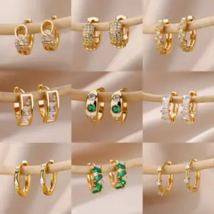 Gold Plated Green Zirconia Crystal Round Women's Earrings Sparkling Minimalist Geometric Ear Jewelry Suitable For Daily Commuting And Gift Giving