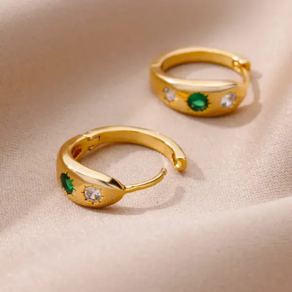 Gold Plated Green Zirconia Crystal Round Women's Earrings Sparkling Minimalist Geometric Ear Jewelry Suitable For Daily Commuting And Gift Giving