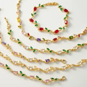 Handmade Tulips Bracelet For Women In Copper With 18K Real Gold Plated And Zircon Inlay Featuring Handmade Chain