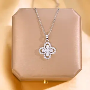 Silver Full Diamond Four-Leaf Clover Necklace