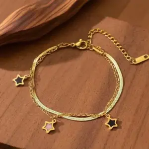 S060-Black and White Five-Pointed Star-Bracelet- Gold