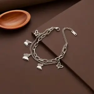 S0138-Double Layer Frosted Butterfly-Necklace-Steel Color