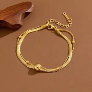 S02093-Double Layer Gold Beads-Bracelet- Gold