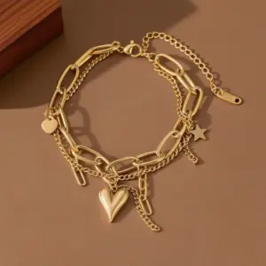 S02119-Heart Star Tassel Bracelet- Gold