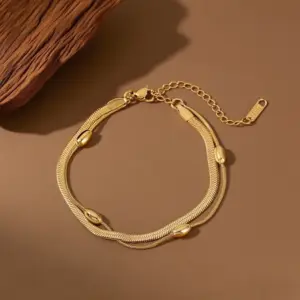 S02089-Blade Rice Bead Chain-Bracelet- Gold