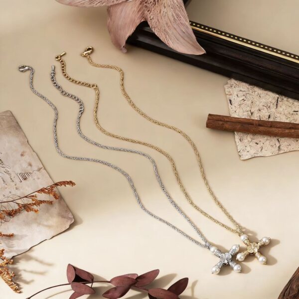 Wholesale Golden pearl zircon cross Baroque style necklace