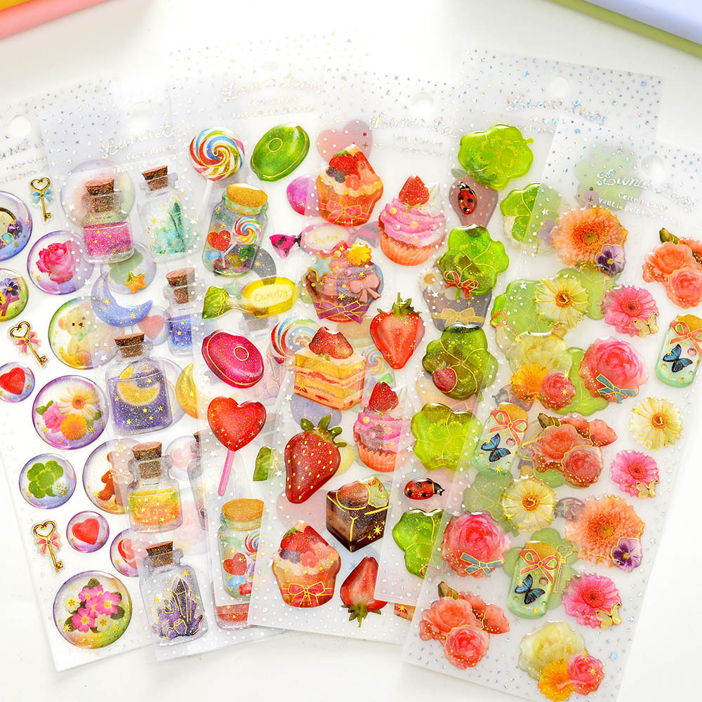 Wholesale 3D Stereo Transparent Plastic Food Cake Kindergarten Reward Stickers Candy Perfume Bottle Flower ink Creative Stickers