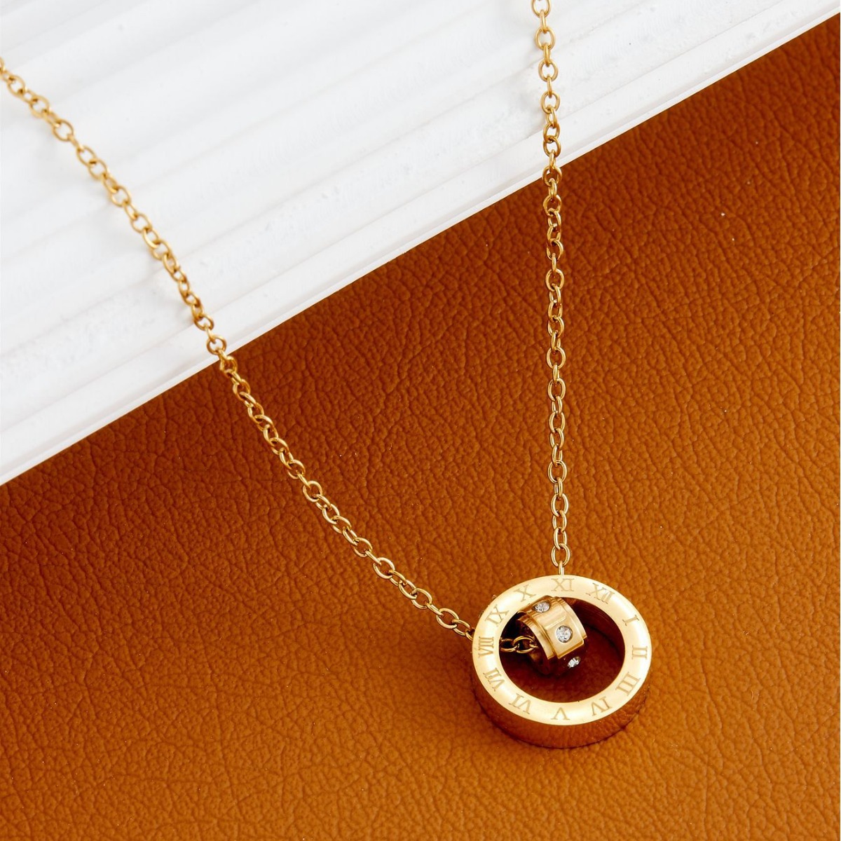 Wholesale Creative Titanium Steel Rose Gold Plated Clavicle Chain Double Ring Necklace