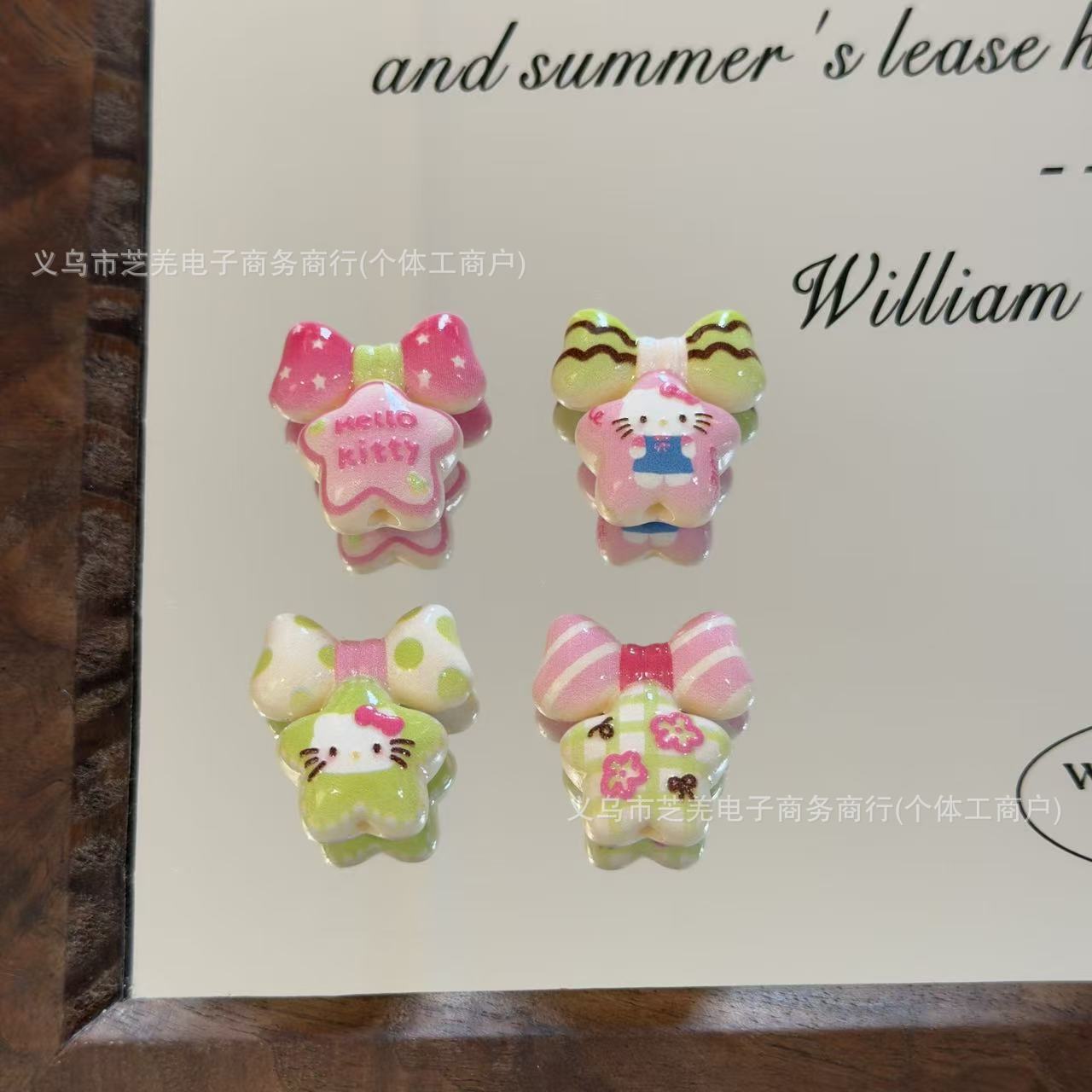 Wholesale relief pink green cartoon cat bow star string acrylic beads