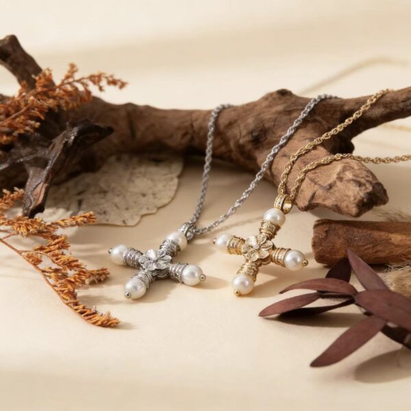 Wholesale Golden pearl zircon cross Baroque style necklace