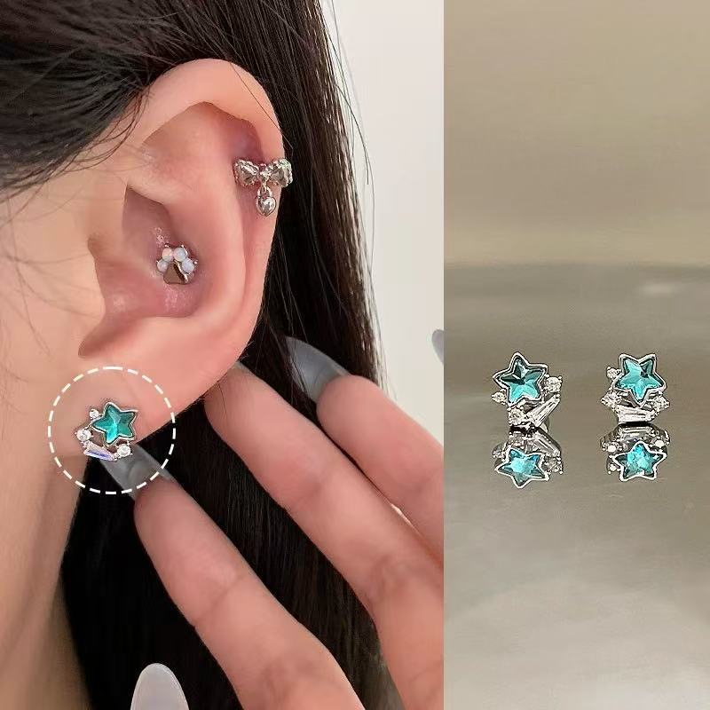Wholesale Sweet and eamy blue star sparkling diamond titanium steel earrings