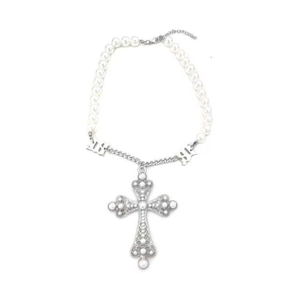 Wholesale Punk style pearl exaggerated cross pendant necklace