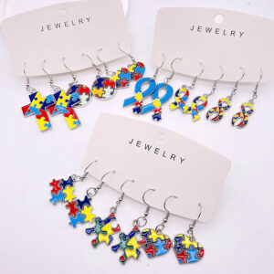 Wholesale Cross Peach Heart Love Puzzle Autism Earring Set