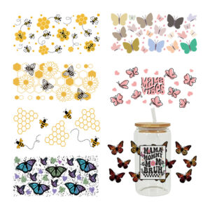 Wholesale Cartoon Cute Yellow Bee Butterfly Flower Theme 16oz Cup UV DTF Wraps
