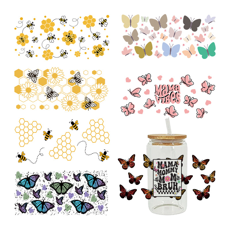 Wholesale Cartoon Cute Yellow Bee Butterfly Flower Theme 16oz C UV DTF Wraps