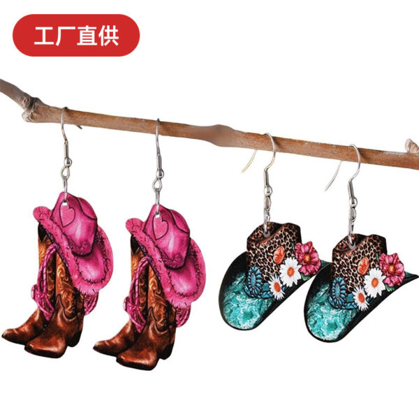 Wholesale Western style leopard print turquoise flower denim hat acrylic earrings