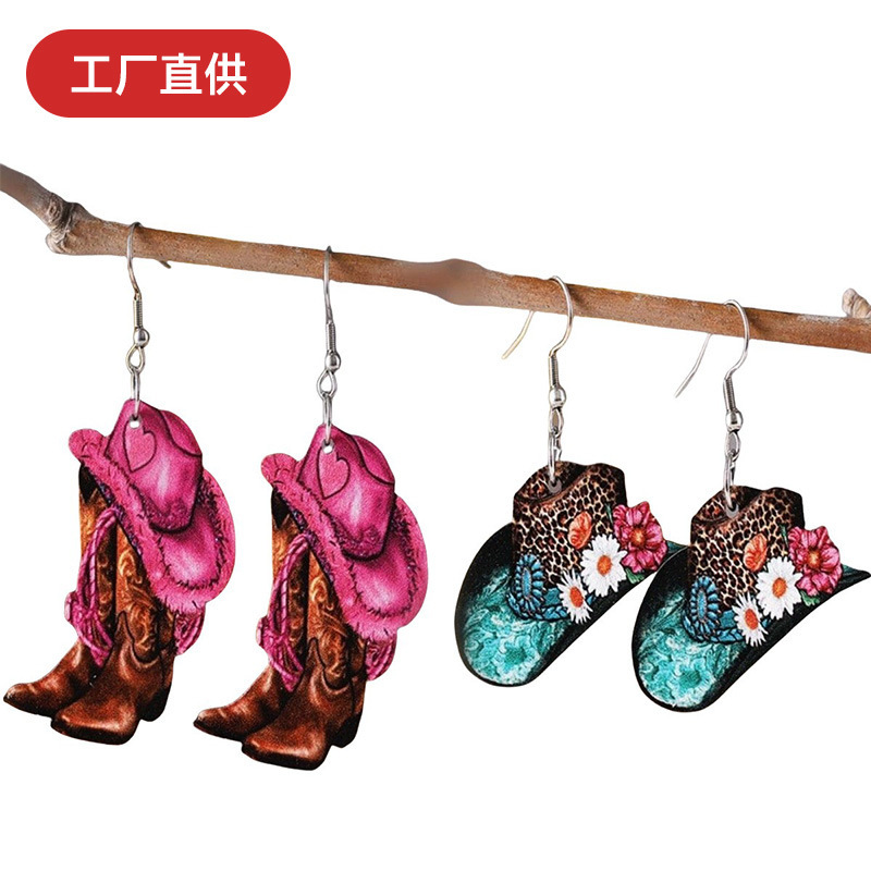 Wholesale Western style leopard print turquoise flower denim hat acrylic earrings
