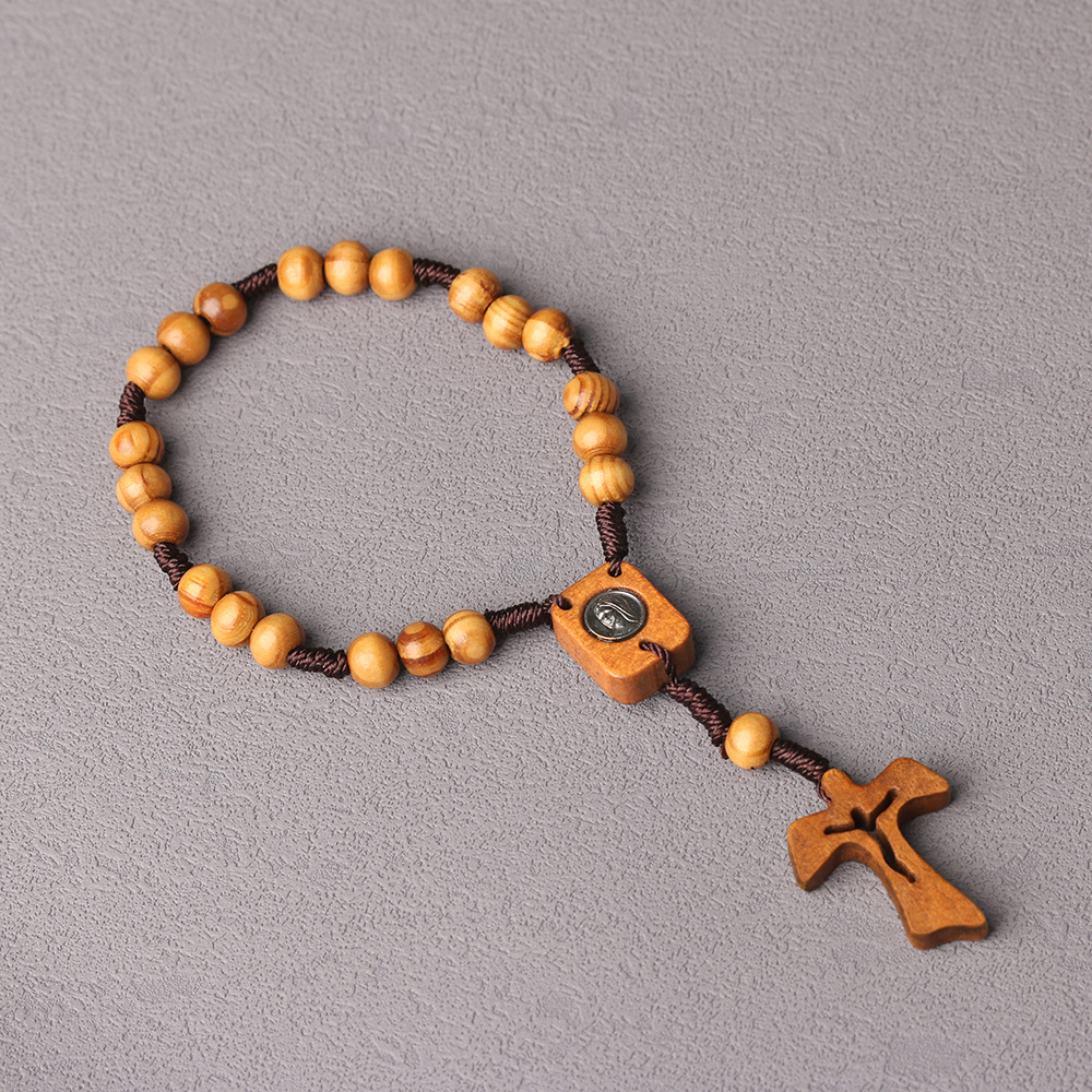 Wholesale Wooden cross woven rope pine bead 8mm prayer bead bracelet