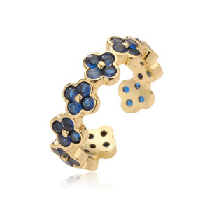Gold blue diamond four leaf clover ring
