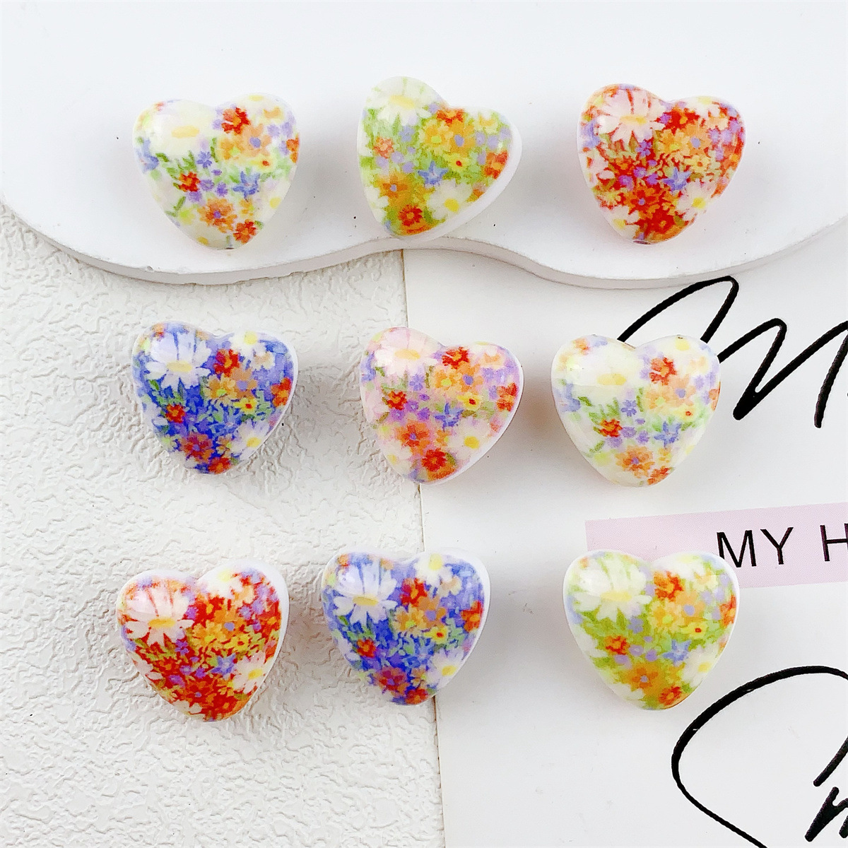 Wholesale double-sided printed oil painting style flower love acrylic beads
