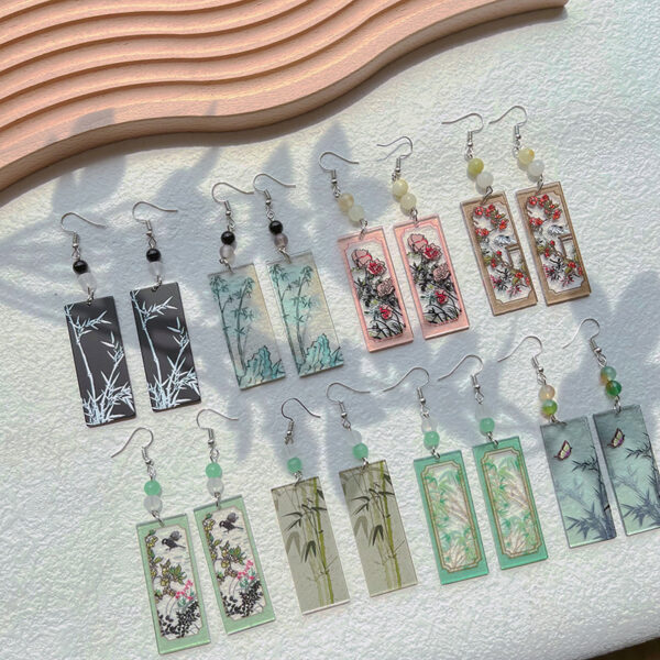 Wholesale Bamboo peony flower relief double-sided printed acrylic earrings