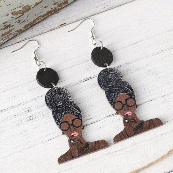 Wholesale Black History African Style Queen Head Pendant Wooden Double-Sided Earrings