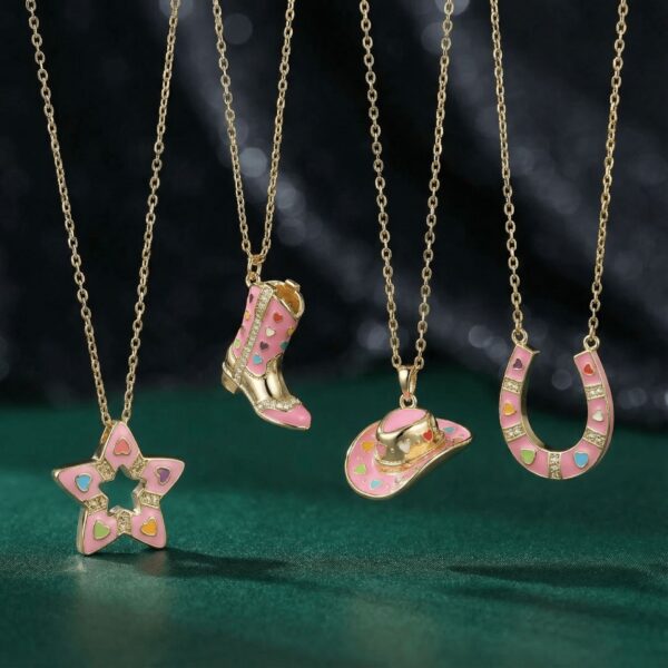 Wholesale Pink Gold Sweet and Cool Western Cowboy Hat Zirconia Pendant Necklace