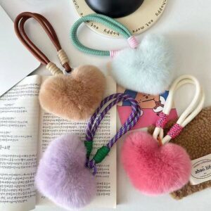 Wholesale Cute Rex Rabbit Fur Pom-Pom Heart-Shaped Car Keychain