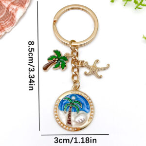 Er1926-blue oil dripping oil painting style coconut tree starfish pearl keychain-10.7g [1 piece]
