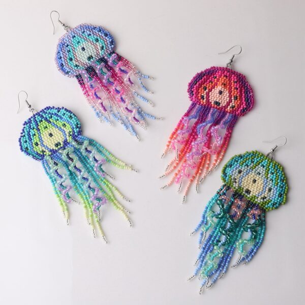 Wholesale Ocean jellyfish tassel rice bead woven Bohemian earrings